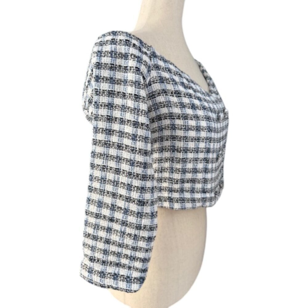 ZARA Women's Textured Off Shoulder Tweed Cropped Plaid Top Blue White Large NWT - Picture 9 of 13